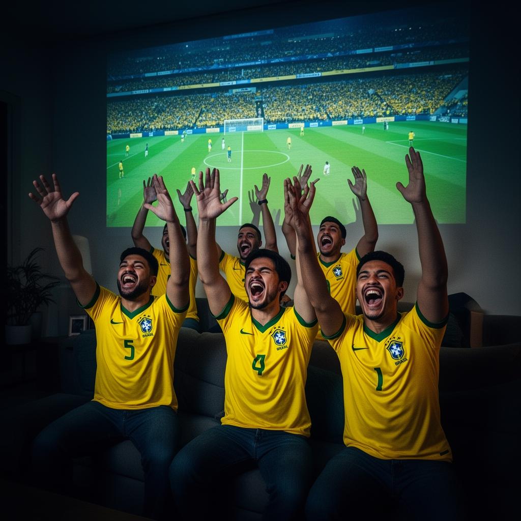 Amigos comemorando gol assistindo futebol projetado na parede